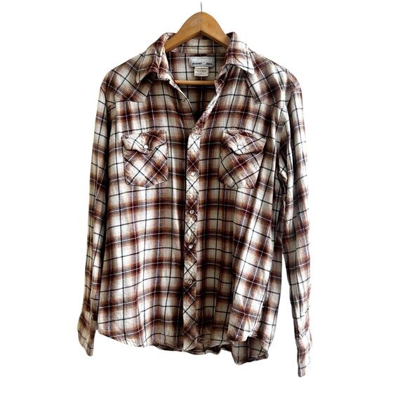 Wrangler Wrancher Shirt Mens Large Brown Plaid Pearl Snap Long Sleeve Button - Picture 1 of 9